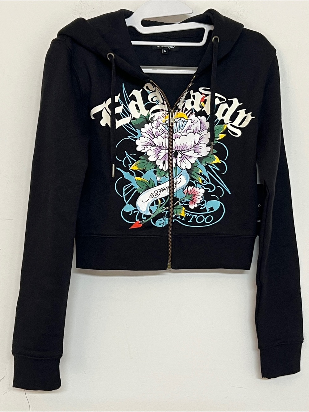 🌞 Ed Hardy Cropped Black Hoodie w/2-Sided Floral Tattoo Logo women Jr size M